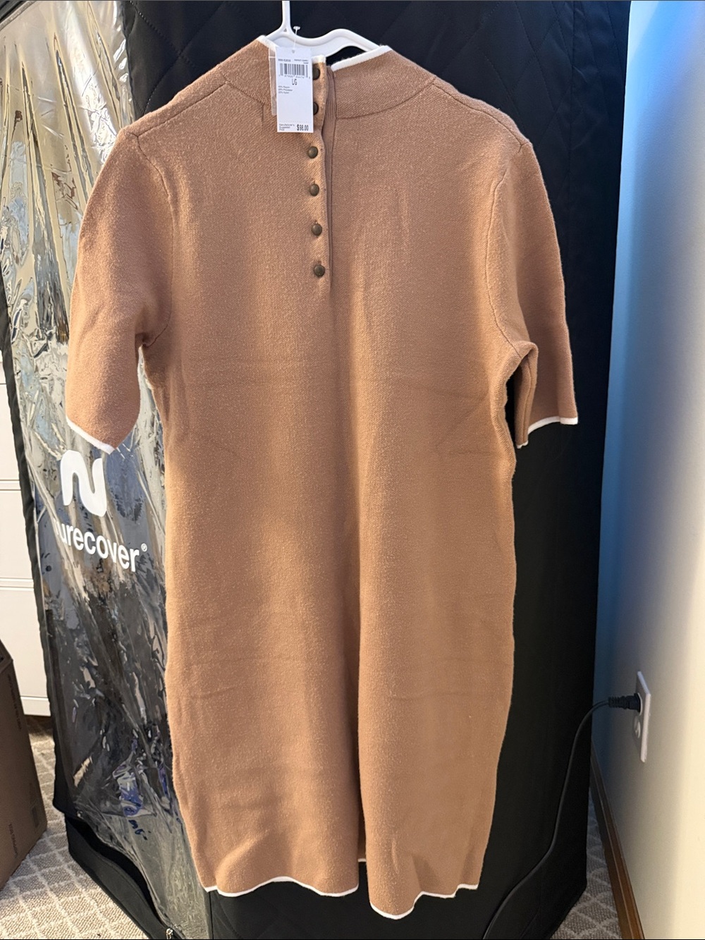 Woman’s Tan Knit Short-Sleeve Dress with Pockets - Picture 2 of 2